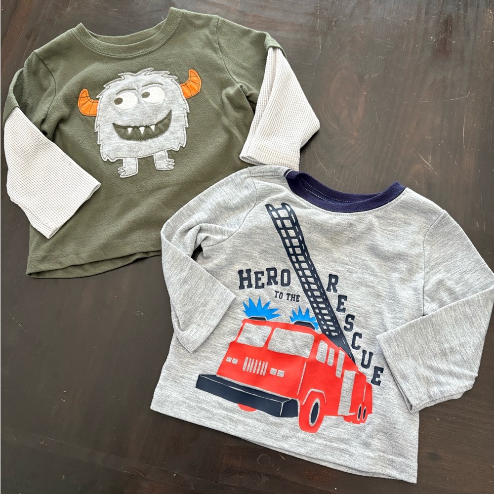 Carter's Green Monster and Gray Fire Truck Long Sleeve Tees